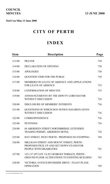 CITY OF PERTH INDEX