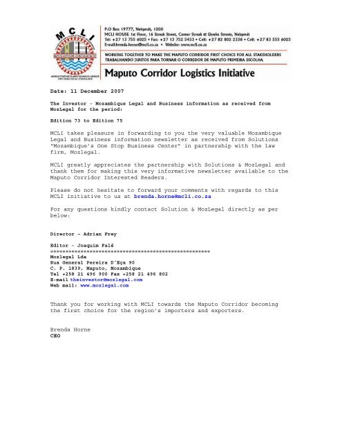 Date: 11 December 2007 MCLI takes pleasure in forwarding to you ...
