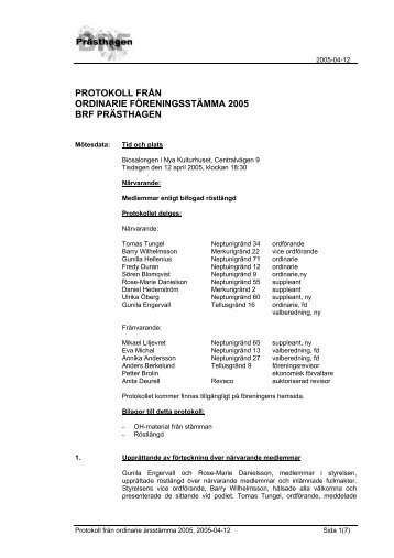 ÃrsmÃ¶tesprotokoll - BRF PrÃ¤sthagen