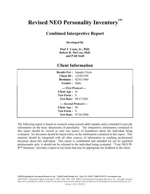 Revised NEO Personality Inventory - Psychological Assessments ...