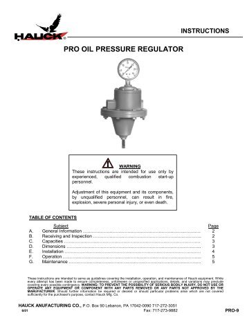 PRO OIL PRESSURE REGULATOR - Hauck Manufacturing