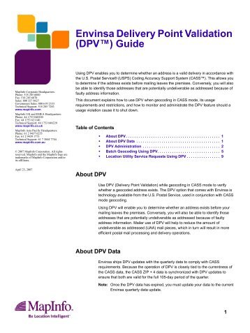 Envinsa Delivery Point Validation (DPV™) - Product Documentation ...