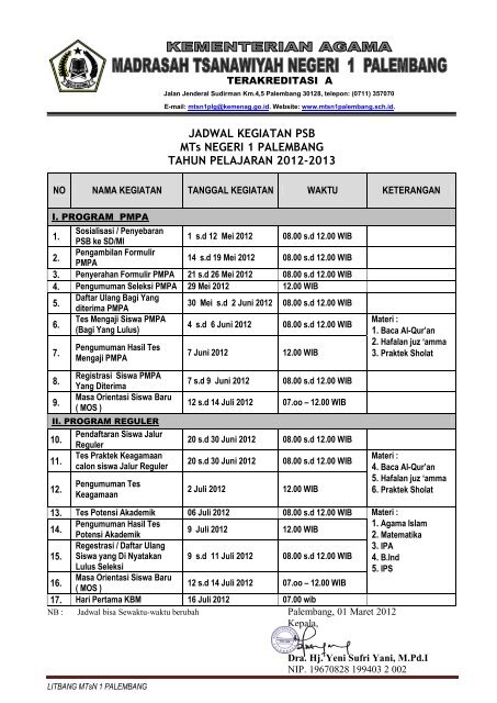 Penerimaan Siswa Baru MTsN 1 Palembang - Kemenag Sumsel