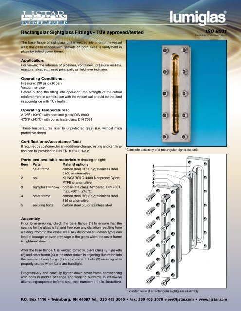 ISO 9001 Rectangular Sightglass Fittings - TÃœV ... - L.J. Star, Inc.