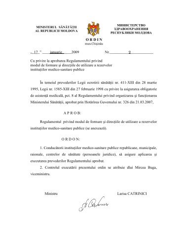 Ordin nr. 9 din 17.01.2009 cu privire la aprobarea Regulamentului ...