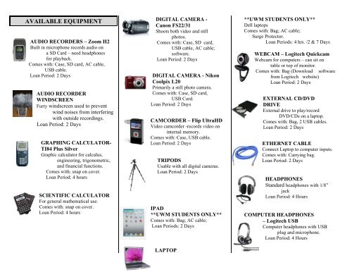 UWM LIBRARIES EQUIPMENT CHECKOUT PROGRAM Brief Guide