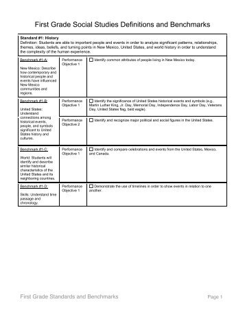 First Grade Social Studies Definitions and Benchmarks