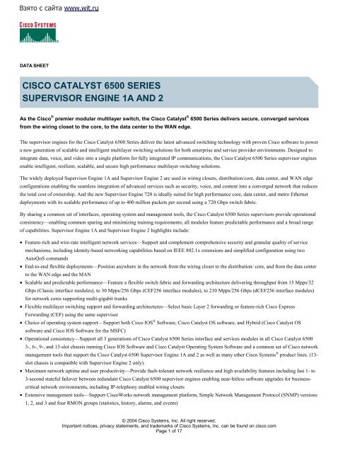 CISCO CATALYST 6500 SERIES SUPERVISOR ENGINE 1A AND 2