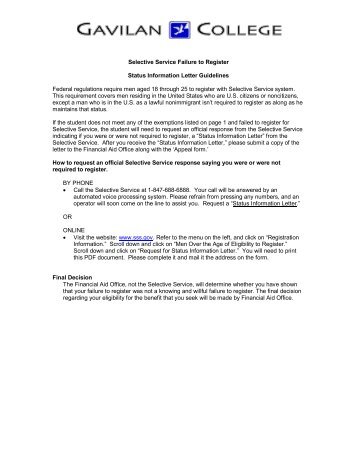 Selective Service Failure to Register Status Information Letter ...