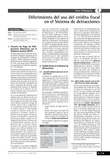 I Diferimiento del uso del crÃ©dito fiscal en el Sistema de detracciones