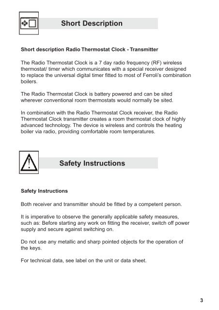 Radio Thermostat Clock Installation & User Instructions - Ferroli