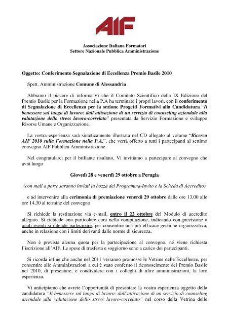 Oggetto: Conferimento Segnalazione di Eccellenza Premio Basile ...