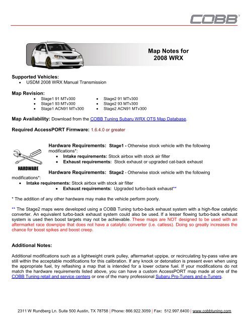Cobb Accessport Ots Maps Map Notes For 2008 Wrx - Cobb Tuning