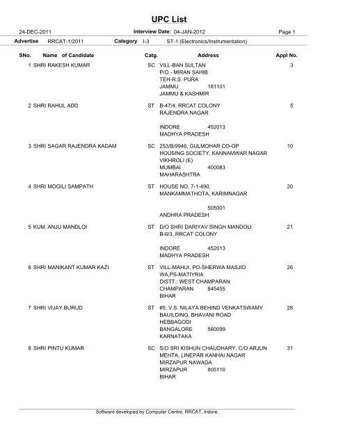 UPC List - Raja Ramanna Centre for Advanced Technology