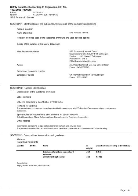 MSDS SRS Primanol 10W-40 - SRS Schmierstoff Vertrieb GmbH