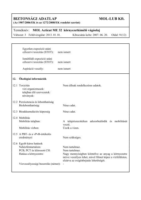 BiztonsÃ¡gi adatlap - MOL Acticut ME 32