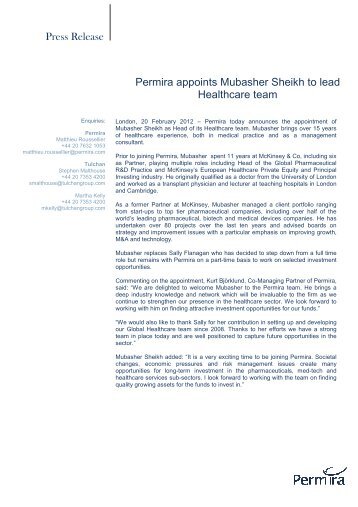 Permira appoints Mubasher Sheikh - 20.02.12