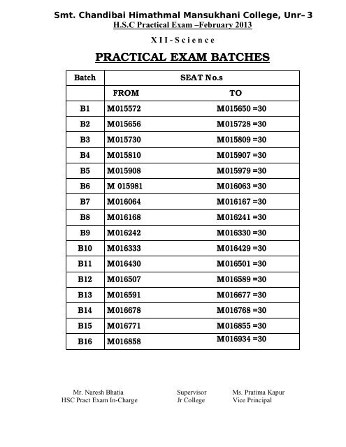 HSC Practical Exam Time Table XII Science 2013 - Smt. Chandibai ...