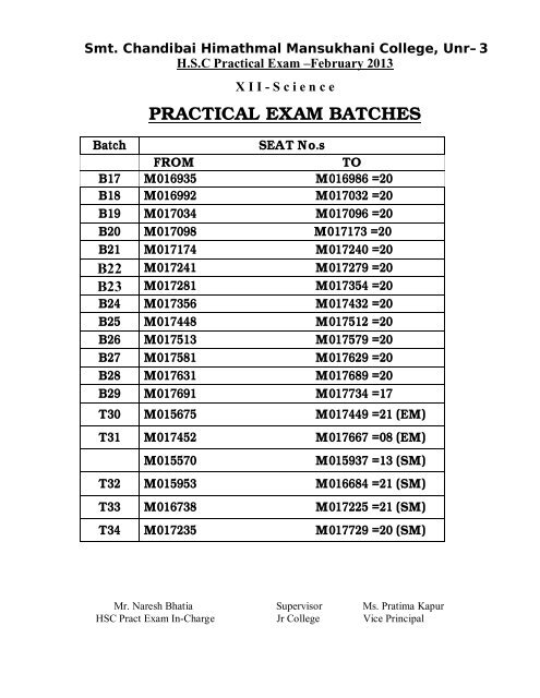 HSC Practical Exam Time Table XII Science 2013 - Smt. Chandibai ...