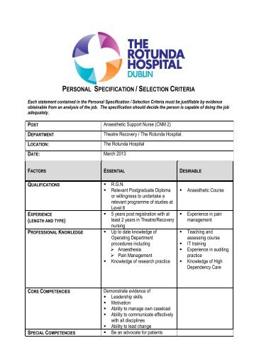 personal specification / selection criteria - Rotunda Hospital