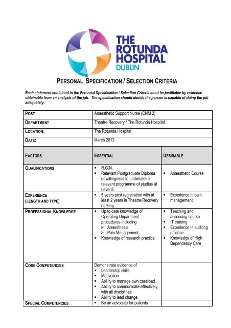 personal specification / selection criteria - Rotunda Hospital