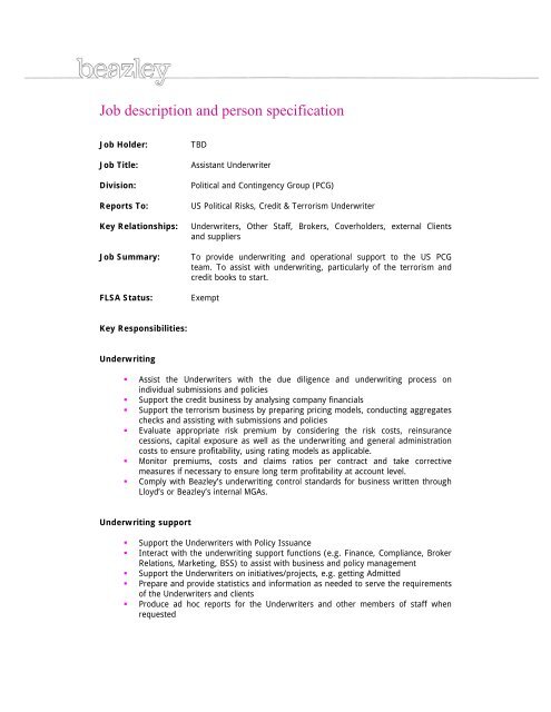 Job Description And Person Specification Beazley Job Description And Person Specification Beazley