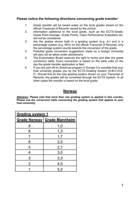 1 Norway Grading system 1 Grade Norway Grade Mannheim ... - BWL