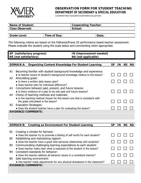 observation form for student teaching department of secondary ...