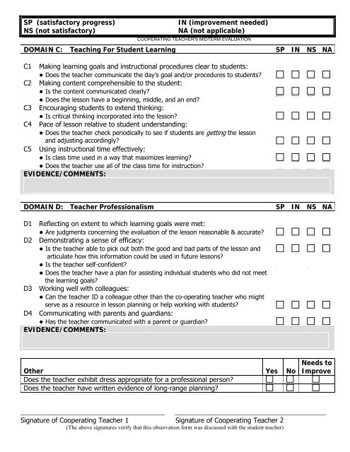 observation form for student teaching department of secondary ...