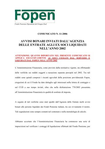 NOTA per il Fondo Pensione - fopen