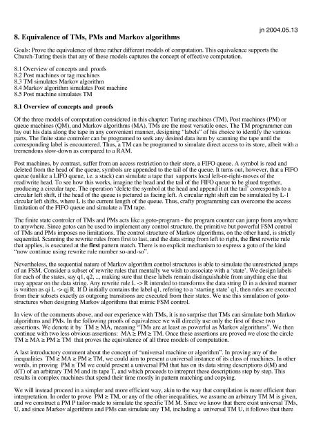 8. Equivalence of TMs, PMs and Markov algorithms - Jn.inf.ethz.ch