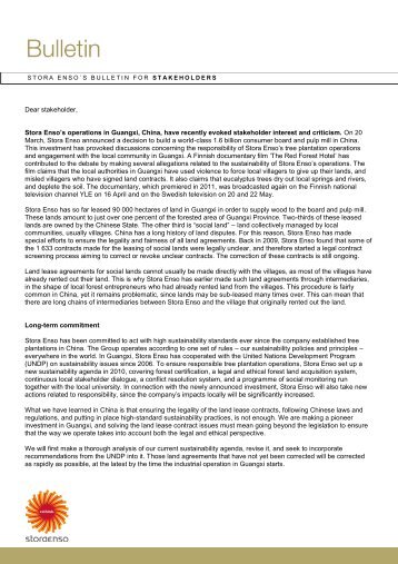 Stora Enso's Bulletin for Stakeholders regarding our operations