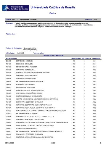 Grade curricular do curso de pedagogia