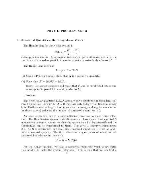 PHY411. PROBLEM SET 3 1. Conserved Quantities - Astro Pas ...