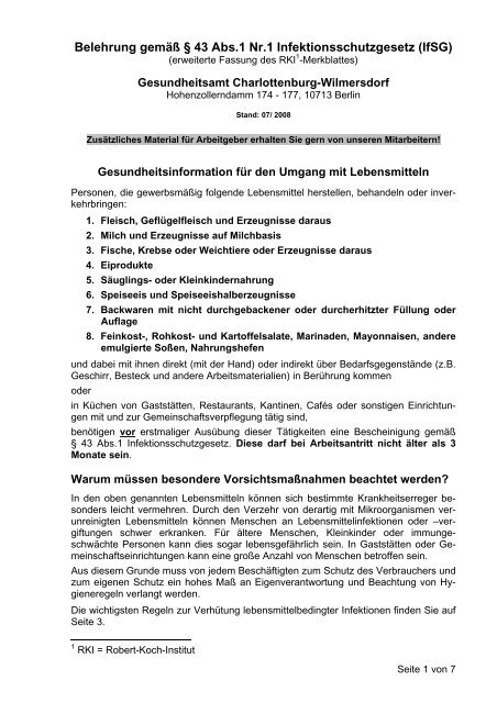 Belehrung gemäß § 43 Abs.1 Nr.1 Infektionsschutzgesetz (IfSG)