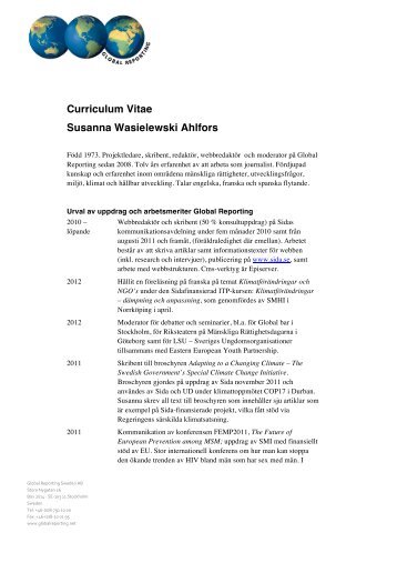 Curriculum Vitae Susanna Wasielewski Ahlfors - Global Reporting