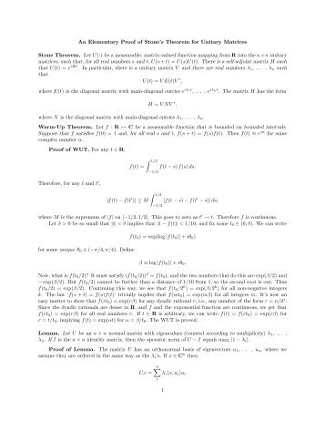 An Elementary Proof of Stone's Theorem for Unitary Matrices Stone ...