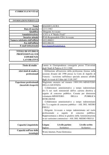 CURRICULUM VITAE Nome BAGGIO LAURA Data di ... - Medio Friuli