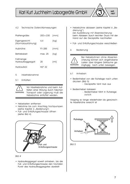 Betriebsanleitung, Labor-Hebebuehne (409,1 kB) - Juchheim ...