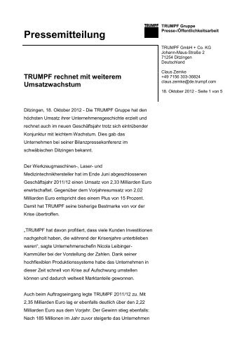 Pressemitteilung - Trumpf GmbH + Co. KG