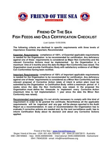 friend of the sea fish feeds and oils certification checklist