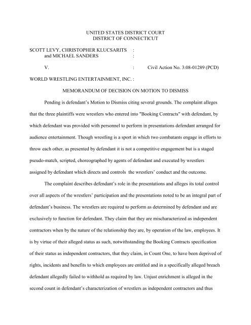 Levy v. WWE (download here - Connecticut Employment Law Blog