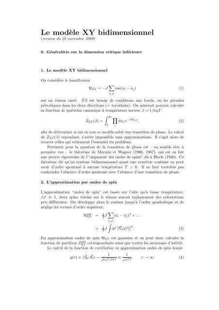 Le mod`ele XY bidimensionnel - Laboratoire de Physique ThÃ©orique ...