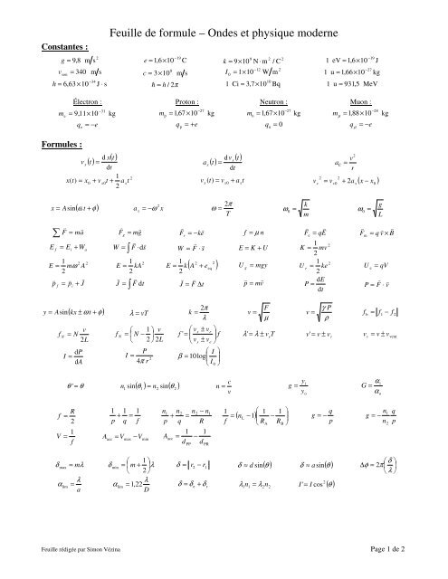 Feuille de formule – Ondes et physique moderne - Collège de ...