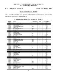 Result Notification No. 92/2010 for the post of Sister Grade-II - aiims