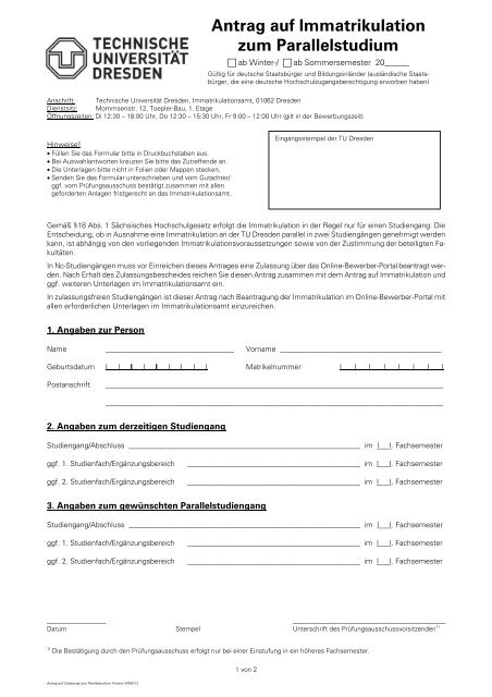 Antrag auf Immatrikulation zum Parallelstudium - Technische ...
