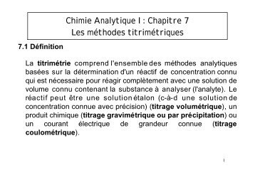 Chimie Analytique I: Chapitre 7 Les méthodes titrimétriques