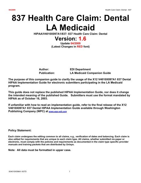 837 Dental LA Medicaid Companion Guide - Louisiana Medicaid