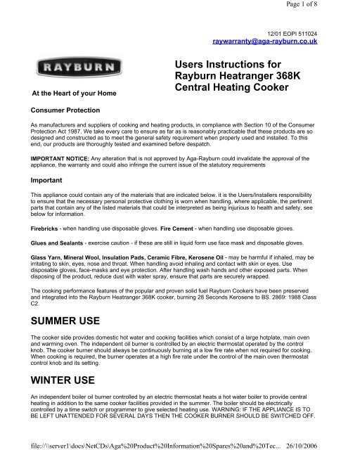 Users Instructions for Rayburn Heatranger 368K Central