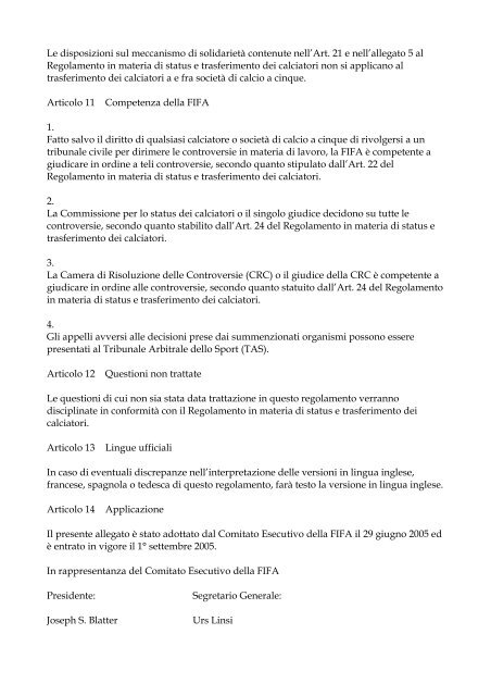 Regolamento FIFA Status Calciatori 2010 - Diritto Calcistico